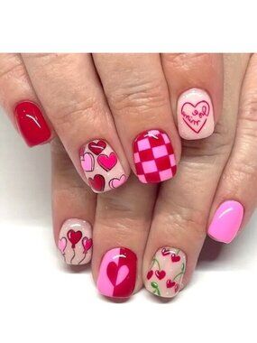 Nails Checkered Hearts Fake Press On 24 Trendy Cherries Love Pink Red Reusable